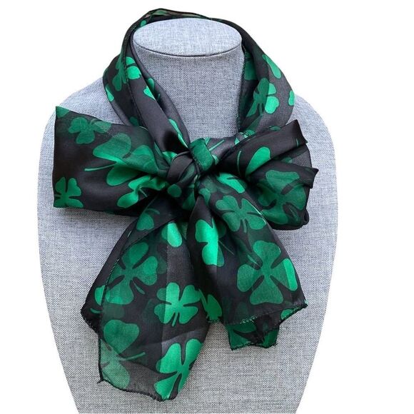 Black & Green Four Leaf Clover/Shamrock Semi-Sheer Scarf St Patrick's Day Irish - Picture 1 of 4